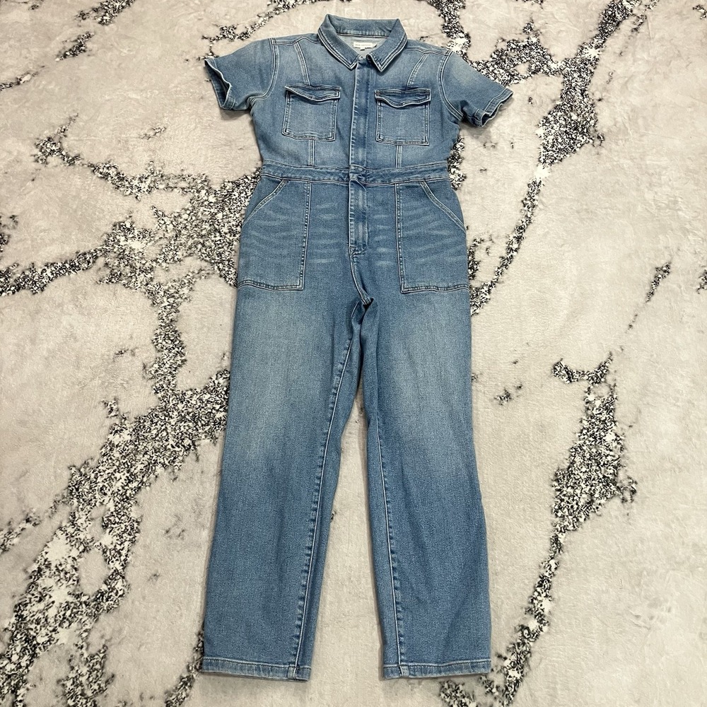 Good American Fit For Success Denim Jumpsuit Size 4 Blue Utility Stretch